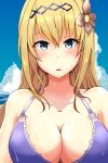  bikini_top blonde_hair blue_eyes blue_sky blush breasts cleavage cloud commentary_request day flower granblue_fantasy hair_flower hair_ornament highres jeanne_d'arc_(granblue_fantasy) kapibara_(mc0314) large_breasts long_hair looking_at_viewer ocean sky solo upper_body wet 