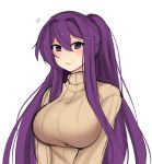  blush breasts brown_sweater closed_mouth doki_doki_literature_club eyebrows_visible_through_hair hair_intakes hair_ornament hairclip heart highres huge_breasts long_sleeves looking_at_viewer otxoa60 ponytail purple_eyes purple_hair ribbed_sweater simple_background sketch smile solo sweater upper_body white_background yuri_(doki_doki_literature_club) 