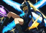  ahoge artoria_pendragon_(all) baseball_cap black_footwear blonde_hair blue_jacket blue_scarf boots commentary fate/grand_order fate_(series) feet_out_of_frame green_eyes hat holding holding_sword holding_weapon jacket lansane long_sleeves mysterious_heroine_x open_mouth ponytail scarf signature solo sword weapon wristband 