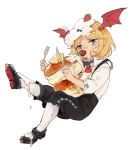  bangs black_footwear blonde_hair blue_eyes blush bow bowtie brown_neckwear collared_shirt eyebrows_visible_through_hair food food_in_mouth food_on_face food_on_head fruit granblue_fantasy head_wings invisible_chair leg_up looking_at_viewer male_focus mouth_hold object_on_head pancake pointy_ears shingeki_no_bahamut shirt shoes shorts simple_background sitting socks solo strawberry suspender_shorts suspenders veight wataichi_meko white_background white_legwear white_shirt wing_collar 