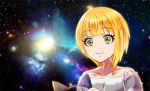  :3 animal_ears asymmetrical_hair bare_shoulders blonde_hair cat_ears closed_mouth commentary galaxy green_eyes holding idolmaster idolmaster_cinderella_girls looking_at_viewer meme miyamoto_frederica off_shoulder pohe short_hair solo space space_cat_(meme) star_(sky) wide-eyed 