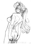  aa_megami-sama absurdres ass belldandy blush breasts facial_mark forehead_mark from_behind hands_on_own_ass highres kiryuu_reia long_hair looking_at_viewer medium_breasts monochrome ponytail sideboob solo 