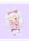  animal_ears azur_lane bangs blush bunny_ears camisole character_name chibi collarbone commentary_request diagonal-striped_background diagonal_stripes eyebrows_visible_through_hair fang foreign_blue full_body fur-trimmed_jacket fur_trim hair_ornament hairband jacket korean_commentary laffey_(azur_lane) long_hair long_sleeves object_hug one_eye_closed open_clothes open_jacket parted_lips pink_jacket pleated_skirt purple_background red_eyes red_footwear red_hairband red_skirt silver_hair simple_background skirt sleeves_past_wrists solo standing standing_on_one_leg striped striped_background stuffed_animal stuffed_bunny stuffed_toy tears thighhighs twintails very_long_hair white_camisole white_legwear 