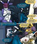  anthro big_breasts blush breasts caught clothing comic covering covering_crotch dialogue digimon doumon english_text female furball group makeup nipples open_mouth renamon smile sweater taomon text torn_clothing 