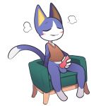  animal_crossing balls blush bottomless chair clothed clothing ejaculation eyes_closed feline itsunknownanon looking_pleasured male mammal nintendo penis rover_(animal_crossing) shirt simple_background sitting smile solo video_games 