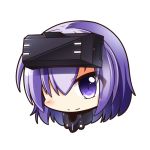  armor bangs black_armor black_background blush chibi closed_mouth cropped_torso eyes_visible_through_hair fate/grand_order fate_(series) gorget hair_over_one_eye head light_smile looking_at_viewer mash_kyrielight no_nose ortenaus portrait purple_eyes purple_hair shachoo. short_hair simple_background smile solo vr_visor white_background 