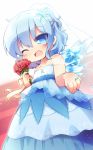 ;d alternate_costume bare_shoulders blue_dress blue_eyes blue_hair bouquet braid cirno dress dutch_angle fang flower glint hair_ornament highres holding holding_bouquet ice ice_wings jewelry looking_at_viewer matatabi_(nigatsu) one_eye_closed open_mouth ring smile solo tears touhou veil wedding_dress wings 