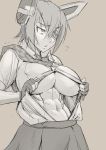  1girl abs breasts eyepatch gloves grey_background hair_between_eyes kantai_collection large_breasts mikoyan monochrome muscle muscular_female necktie skirt solo sweatdrop tenryuu_(kantai_collection) underboob 