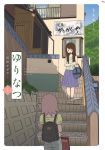  backpack bag black_hair blue_skirt building comic copyright_name duffel_bag mochi_au_lait multiple_girls non-web_source original pink_hair skirt sleeveless stairs 