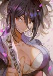  aoki_(fumomo) breasts brown_eyes cleavage closed_mouth collarbone fujibayashi_shiina hair_between_eyes hand_up holding large_breasts long_hair looking_at_viewer petals purple_hair smile solo tales_of_(series) tales_of_symphonia upper_body 