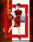  1girl 2019 bangs bare_legs black_footwear blue_eyes blush brown_hair character_request china_dress chinese_clothes chinese_commentary commentary_request double_bun dress fang fkey full_body hair_ribbon hand_up happy_new_year head_tilt highres holding iron_saga long_sleeves new_year puffy_sleeves red_dress red_ribbon red_shirt ribbon shirt shoes short_hair side_slit sneakers socks solo standing thighs tongue tongue_out translation_request weibo_logo white_legwear 