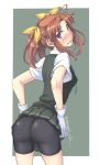  ahoge ass bike_shorts blush brown_hair commentary hair_ribbon highres kagerou_(kantai_collection) kantai_collection looking_back neck_ribbon oda_masaki_(b-minor) purple_eyes ribbon school_uniform short_sleeves shorts shorts_under_skirt twintails vest yellow_ribbon 