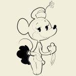  2018 anthro bedroom_eyes black_and_white butt clothed clothing digital_media_(artwork) disney female flat_chested flower half-closed_eyes hat itsunknownanon looking_back mammal minnie_mouse monochrome mouse nipples panties plant pose presenting presenting_hindquarters raised_skirt raised_tail rear_view rodent seductive simple_background smile solo standing thin_tail topless underwear 