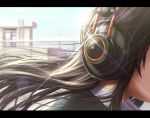  black_hair blue_sky chain-link_fence close-up day fence floating_hair head_out_of_frame headphones highres k712 ladder lens_flare letterboxed original outdoors rooftop shiny shiny_hair sky solo sunlight upper_body wadapen wind 