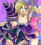  1girl blonde_hair blush_stickers breasts choker cleavage commentary_request dark_magician dark_magician_girl duel_monster hat large_breasts long_hair medium_hair misaka_(missa) open_mouth smile staff wand wizard_hat yuu-gi-ou yuu-gi-ou_duel_monsters 