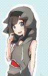  black_hair blush cosplay gladio_(pokemon) gladio_(pokemon)_(cosplay) highres hood hoodie looking_at_viewer miu_(miuuu_721) mizuki_(pokemon) pokemon pokemon_(game) pokemon_sm short_hair sleeveless solo 