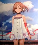  bangs bare_shoulders blue_sky blurry blurry_background brown_eyes brown_hair choker closed_mouth cloud commentary_request cowboy_shot day depth_of_field dress eyebrows_visible_through_hair highres looking_at_viewer murata_renji original outdoors photo railing red_ribbon red_string reflection ribbon short_dress short_hair sky solo standing string white_dress 