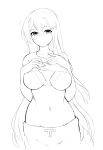  absurdres blush breasts commentary doki_doki_literature_club eyebrows_visible_through_hair flying_sweatdrops greyscale hair_between_eyes hair_ornament hairclip highres large_breasts lifted_by_self lineart long_hair looking_at_viewer monochrome navel otxoa60 pajamas parted_lips shirt_lift solo upper_body very_long_hair yuri_(doki_doki_literature_club) 
