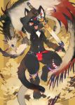  2018 black_fur bulge cat chest_tuft clothed clothing dragon duo feline fur furred_dragon kemono kiyosan_(artist) male mammal melee_weapon multicolored_fur navel nipples red_eyes scar sword tuft underwear weapon white_fur 