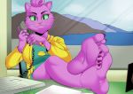  animated barefoot bojack_horseman clothing cyborg-steve desk digital_media_(artwork) feet feline female foot_focus humanoid_feet looking_at_viewer mammal phone princess_carolyn toes window 