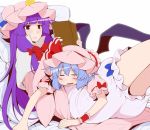  bloomers blue_bow blue_hair blush blush_stickers book bow closed_eyes commentary_request crescent eichi_yuu hat hat_ribbon holding holding_book leaning_back long_hair lying mob_cap multiple_girls on_lap on_stomach open_book patchouli_knowledge pink_hat puffy_short_sleeves puffy_sleeves purple_eyes purple_hair reading red_bow red_ribbon remilia_scarlet ribbon short_hair short_sleeves sleeping smile touhou underwear wrist_cuffs 
