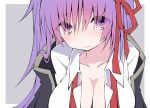  absurdres bb_(fate)_(all) bb_(fate/extra_ccc) black_jacket blush breasts cleavage commentary fate/extra fate/extra_ccc fate/grand_order fate_(series) hair_ribbon highres jacket large_breasts long_hair looking_at_viewer neck_ribbon purple_eyes purple_hair red_neckwear red_ribbon ribbon sakakiba_misogi shirt solo very_long_hair white_shirt 