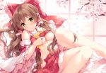  :o bangs bed_sheet bow breasts brown_hair cherry_blossoms detached_sleeves hair_bow hair_tubes hakurei_reimu indoors lifted_by_self long_hair looking_at_viewer medium_breasts miniskirt mochizuki_shiina no_bra no_panties pillow red_bow red_skirt sitting skirt skirt_set solo touhou underboob very_long_hair vest vest_lift wavy_hair window yellow_bow yellow_eyes yellow_neckwear 