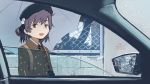  :d bangs beret black_coat black_gloves black_hat black_ribbon brown_eyes brown_hair car_interior chain-link_fence collared_shirt dated day fence gloves hair_rings hat hatoba_tsugu hatoba_tsugu_(character) holding holding_umbrella kusakabe_(kusakabeworks) long_sleeves looking_at_viewer open_mouth outdoors ribbon shirt smile solo twitter_username umbrella virtual_youtuber water white_shirt white_umbrella 