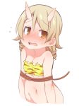  bandeau bangs bare_arms bare_shoulders blush bound brown_eyes eyebrows_visible_through_hair fangs flying_sweatdrops hair_between_eyes horns idolmaster idolmaster_cinderella_girls light_brown_hair long_hair looking_at_viewer morikubo_nono navel nose_blush oni_horns open_mouth ringlets rope simple_background solo sweat upper_body ushi white_background yellow_bandeau 
