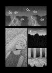  cloud comic commentary_request forest grave greyscale highres leaf male_focus mochi_au_lait monochrome nature no_nose original rain solo thunder translation_request 