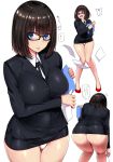  1girl ass bent_over black-framed_eyewear black_hair blue_eyes blush breasts business_suit commentary_request eyebrows_visible_through_hair formal glasses highres ishimiso_(ishimura) large_breasts lips long_sleeves looking_at_viewer microskirt multiple_views office_lady open_mouth original panties pencil_skirt pink_panties shiny shiny_hair shiny_skin short_hair simple_background skirt skirt_suit standing suit translation_request underwear white_background white_panties 