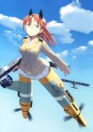  absurdres aircraft airplane animal_ears blue_eyes brown_hair cloud day edytha_neumann fi_156 flying glasses gun highres long_hair machine_gun military military_uniform non-web_source official_art shimada_fumikane sky solo striker_unit tail uniform weapon world_witches_series 