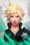  aura bangs black_shirt blonde_hair closed_mouth cloud_strife commentary final_fantasy final_fantasy_vii grey_eyes highres looking_at_viewer male_focus nikusenpai serious shirt shoulder_armor solo spaulders upper_body 