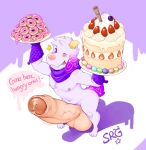  anthro balls big_balls blush cake caprine cum doughnut english_text erection food goat huge_balls humanoid_penis hyper hyper_balls hyper_penis looking_at_viewer male mammal penis plate precum smile smolrainbowgoat solo standing text tongue tongue_out uncut vein 