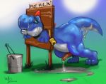  ! 2016 after_sex alternate_color anthro azul_(yoshi) blue_eyes bound bucket cum cum_on_face cum_on_ground cum_on_tail digital_drawing_(artwork) digital_media_(artwork) dinosaur english_text fan_character grass lock male mammal mario_bros messy nintendo nude outside penis public_use simple_background solo stocks teeth text toes video_games winddragon yoshi 