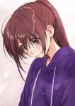  bangs brown_hair closed_mouth commentary_request crying crying_with_eyes_open eyebrows_visible_through_hair eyes_visible_through_hair hood hood_down hoodie kawai_makoto long_hair looking_down original pink_eyes ponytail purple_neckwear snot solo tears upper_body 