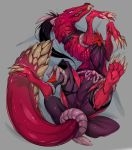  big_tail black_hair blue_eyes capcom claws clothed clothing fanged_wyvern feral hair lying monster_hunter monster_hunter_world odogaron on_back ponytail red_skin simple_background slugbox solo video_games 