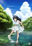  :d abazu-red artist_name barefoot black_hair blue_eyes character_name cloud cloudy_sky commentary_request day dress forest full_body girls_und_panzer highres kicking lake leaning_forward long_hair nature open_mouth outdoors pond river signature skirt_hold sky sleeveless sleeveless_dress smile solo splashing standing standing_on_one_leg tree wading water white_dress yamagou_ayumi 