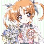  artist_name badge bangs black_ribbon black_skirt blue_eyes bouquet brown_hair closed_mouth commentary_request english eyebrows_visible_through_hair flower frilled_shirt frills green_background hair_ribbon happy_birthday highres holding holding_bouquet kuroi_mimei long_sleeves looking_at_viewer lyrical_nanoha mahou_shoujo_lyrical_nanoha ribbon shirt short_hair short_twintails signature sketch skirt smile solo striped striped_background suspender_skirt suspenders takamachi_nanoha twintails upper_body vertical-striped_background vertical_stripes white_shirt 