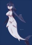  :d blue_background blue_hair blue_skin breasts commentary_request eyebrows_visible_through_hair fangs fins full_body highres kai_himo large_breasts long_hair looking_at_viewer mermaid monster_girl multicolored multicolored_skin no_hands no_nipples open_mouth original red_eyes shark_girl simple_background smile solo twitter_username white_skin 