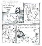  ! 2014 4koma anus avian bird black_nose canine comic customer_service_wolf dialogue feces goose mammal open_mouth scat snout speech_bubble teeth text unknown_artist wolf 