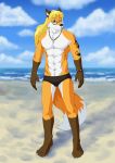  beach blonde_hair blue_eyes bracelet canine clothing collar dragonjourney eyewear fox glasses hair jcfox jewelry long_hair long_tail male mammal muscular seaside smile solo spandex speedo swimsuit tattoo tight_clothing 