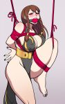  1girl alternate_costume alternate_hairstyle artist_request ball_gag barefoot bdsm bondage braid breasts brown_hair capcom china_dress chinese_clothes chun-li cleavage curvy dress erect_nipples female forced gag gagged jewelry large_breasts leg_lift legs_up long_hair looking_at_viewer rope simple_background spikes street_fighter street_fighter_v sweat thick_thighs thighs 