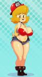  2018 5_fingers big_breasts blonde_hair blush boots breasts canine cleavage clothed clothing digital_media_(artwork) dog dot_eyes female firefighters footwear fur hair jacket jeans looking_at_viewer mama_parappa mammal mature_female mother navel pants parappa_the_rapper parent pose short_hair short_tail shorts simple_background skimpy smile solo somescrub standing tan_fur video_games 