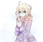  :d ahoge artoria_pendragon_(all) blonde_hair coat commentary fate/grand_order fate_(series) glasses long_sleeves looking_at_viewer mysterious_heroine_x_(alter) open_mouth orange_scarf parted_lips peachpii scarf semi-rimless_eyewear smile solo under-rim_eyewear upper_body yellow_eyes 