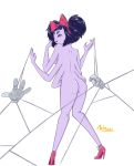  2018 4_fingers anthro arachnid arthropod black_eyes black_hair blush breasts butt caught clothing digital_media_(artwork) fangs female floating_hands footwear grey_skin hair hi_res high_heels laugh looking_at_viewer looking_back minoss monster muffet multi_eye multiarms nude open_mouth pose presenting presenting_hindquarters rear_view shoes short_hair spider spider_web spread_legs spreading standing undertale video_games 