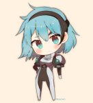  blue_eyes blue_hair blush bodysuit chibi closed_mouth commentary commission hairband head_tilt legs_apart meia_gisborn mochii signature simple_background solo standing vandread yellow_background 