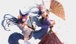  animal_ears backless_outfit barefoot bell blue_hair butt_crack dress dual_wielding erune fan folding_fan fox_ears fox_tail granblue_fantasy hair_bell hair_ornament highres holding left-handed multiple_girls natsumoka one_eye_closed reverse_grip short_dress socie_(granblue_fantasy) sword tail toeless_legwear weapon white_hair yuel_(granblue_fantasy) 