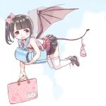 :o backpack bag bangs bat_wings black_footwear black_hair black_legwear black_skirt blunt_bangs bow breasts brown_eyes camisole carrying cleavage commentary demon_girl demon_tail flying full_body hair_bow handbag highres holding holding_bag legs_together looking_back miniskirt original pink_bow pleated_skirt polka_dot polka_dot_bow pouch randoseru rojiko shoes side_ponytail skirt sleeveless small_breasts sneakers solo tail tail_hold thighhighs transparent_wings white_legwear wings zettai_ryouiki 