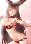  1girl absurdres akagi_(azur_lane) animal_ears areola_slip areolae azur_lane bangs bikini black_hair blush bra breasts brown_hair choker cleavage collarbone eyebrows_visible_through_hair fox_ears groin hair_ornament half-closed_eyes highres hips holding_another's_arm large_breasts long_hair looking_back multi-strapped_bikini nipple_tweak nipples one_breast_out open_mouth panties puffy_nipples red_bra red_eyes red_panties ribs shiny shiny_skin sidelocks smile stomach swimsuit thighs underwear underwear_only val 